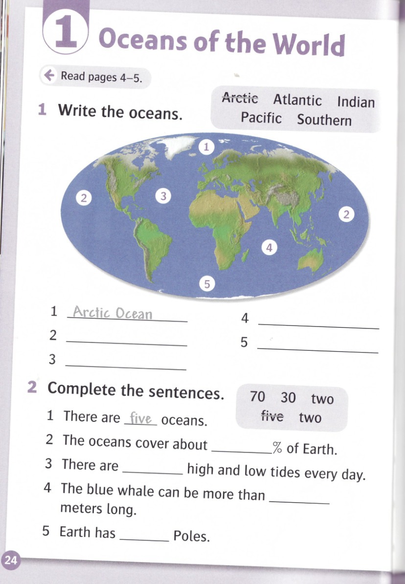 Write the words for the numbered pictures.