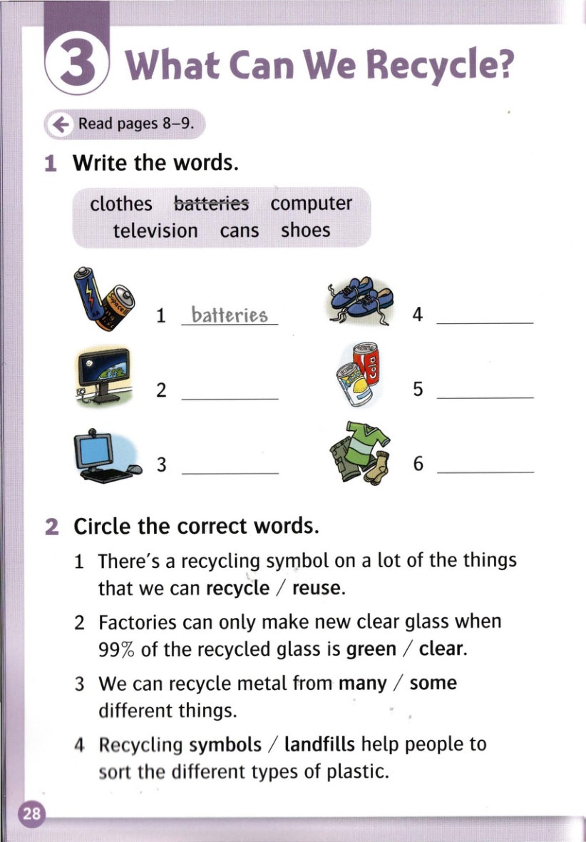 Write the words for the numbered pictures.