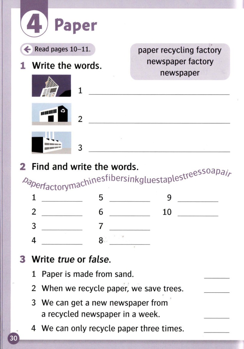 Write the words for the numbered pictures.