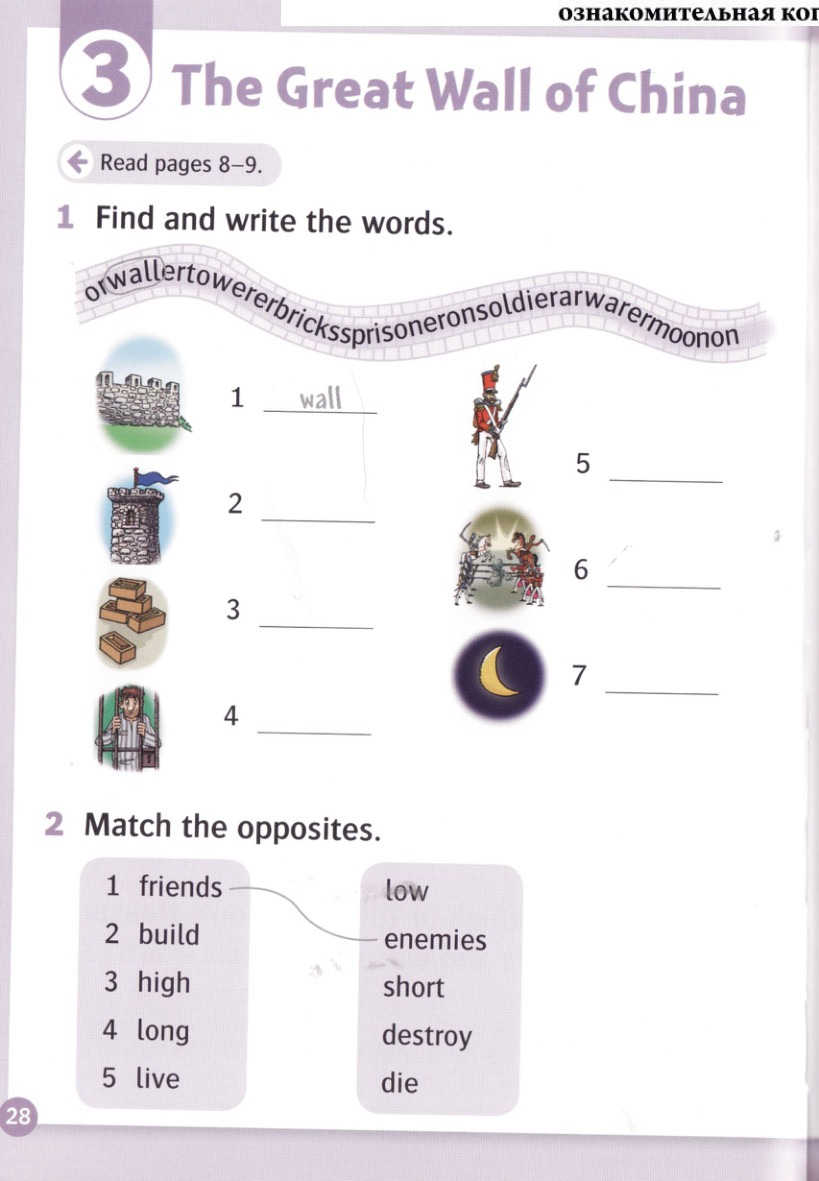 Write the words for the numbered pictures.